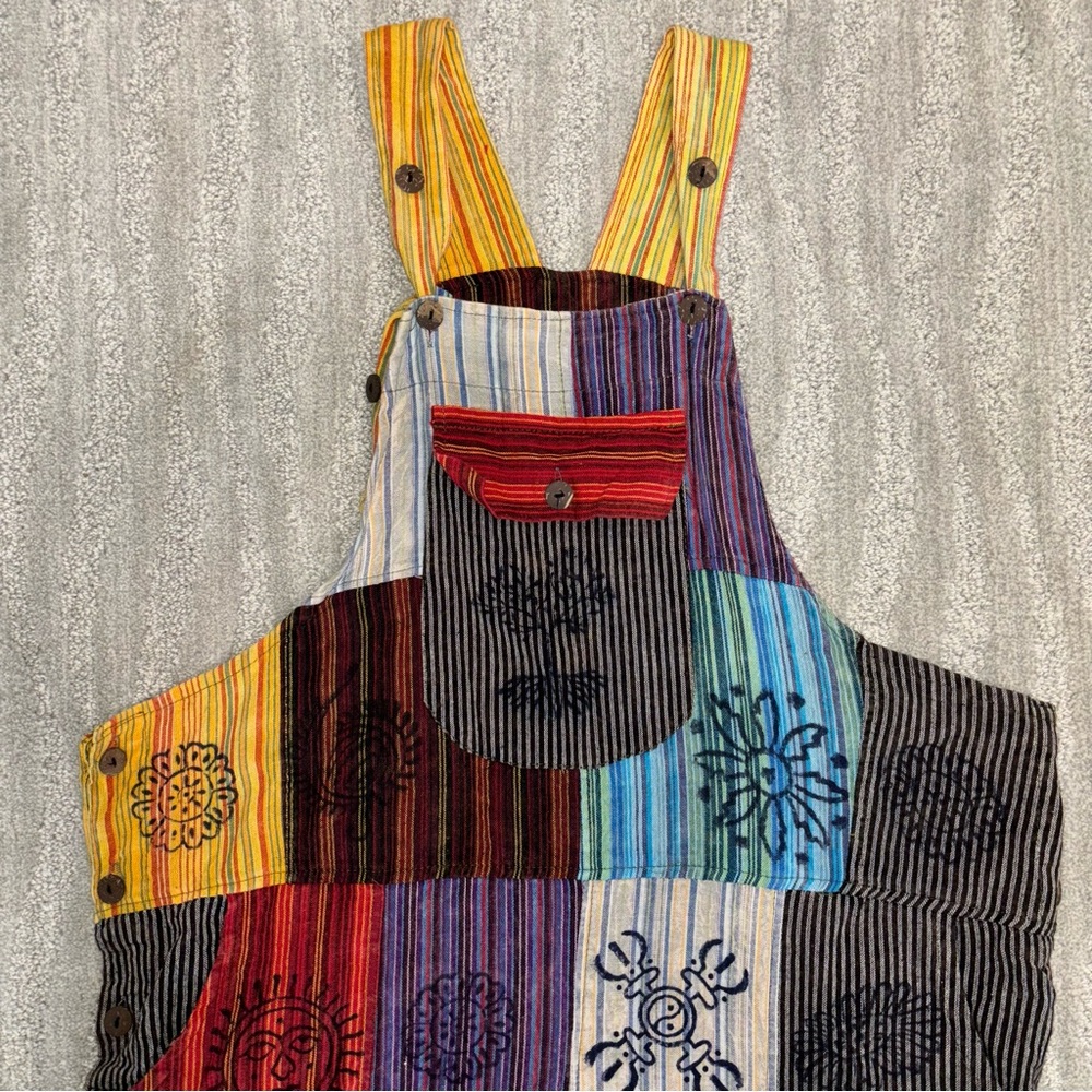 Rising International Boho Hippie Patchwork Overalls 100% Cotton Women’s Size L - Picture 3 of 6